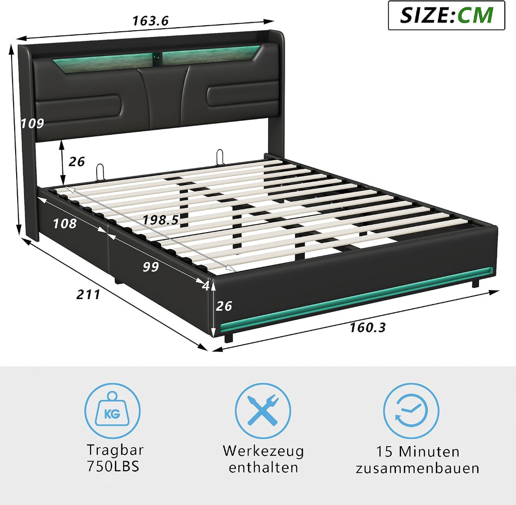 Lit Coffre Capitonné 140 x 200 cm – Tête de Lit Hydraulique & Sommier à Lattes – Flanelle Blanc Cassé