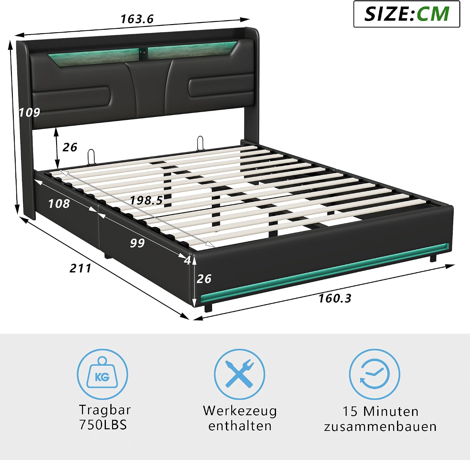 Lit Coffre Capitonné 140 x 200 cm – Tête de Lit Hydraulique & Sommier à Lattes – Flanelle Blanc Cassé