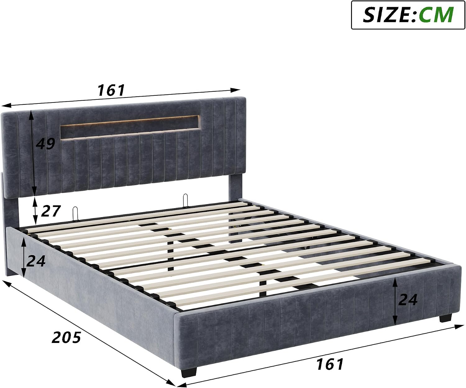 Lit Coffre LED RGB & Port USB | Rangement Hydraulique | Tête de Lit Rembourrée avec Étagères | 90 à 160 x 200 cm