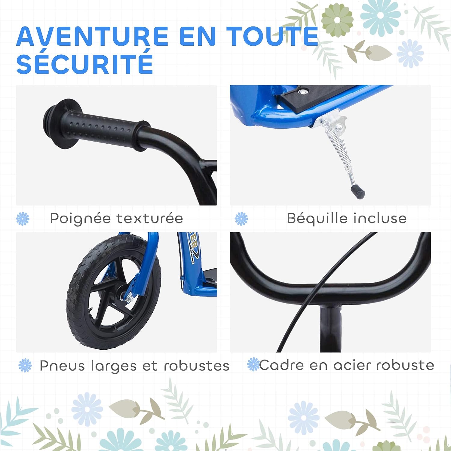 HOMCOM Scooter met banden, 30 cm, hoogte verstelbaar stuur, handgreep rem en standaard
