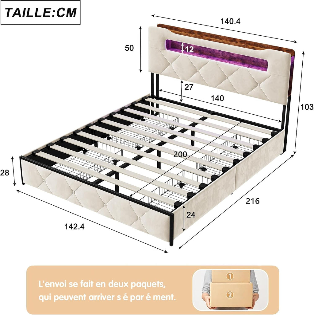 Lit Double 140x200 cm – 4 Tiroirs de Rangement, Éclairage LED +6000 Couleurs & Tête de Lit Réglable en PU