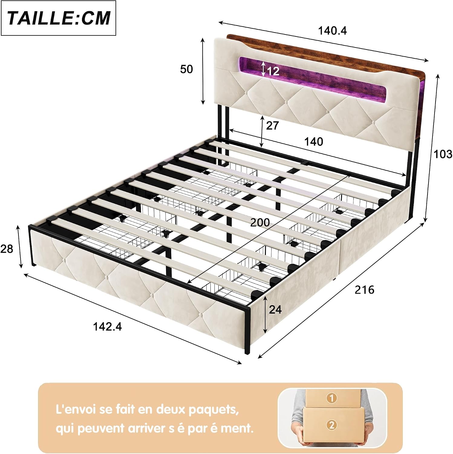 Lit Double 140x200 cm – 4 Tiroirs de Rangement, Éclairage LED +6000 Couleurs & Tête de Lit Réglable en PU