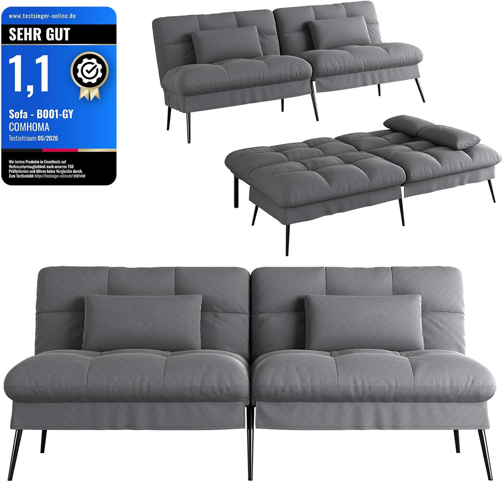 Canapé-lit convertible COMHOMA – 3 places – Tissu gris – Dossier ajustable