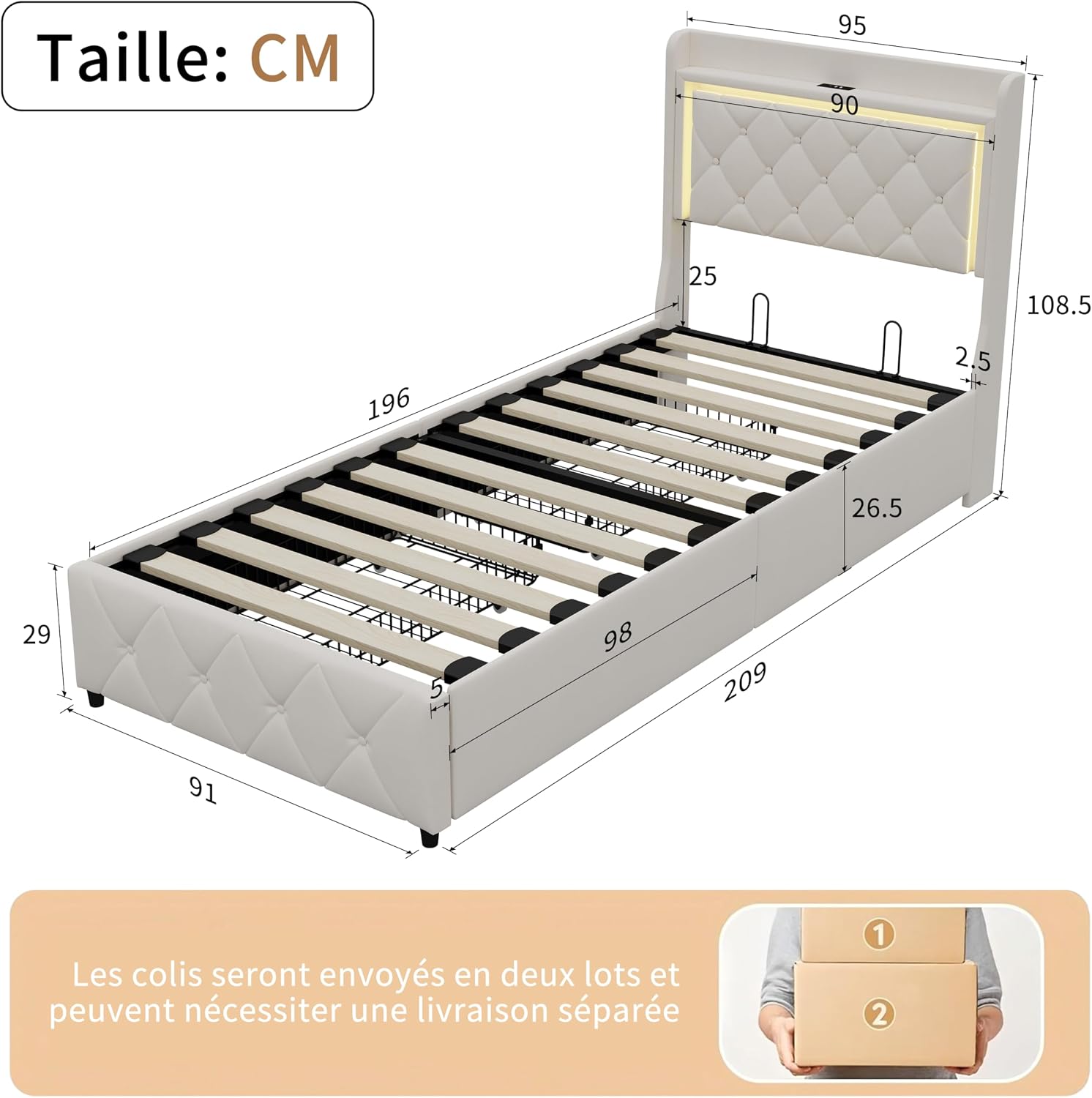 Lit Coffre Capitonné 140 x 200 cm – Tête de Lit Hydraulique & Sommier à Lattes – Flanelle Blanc Cassé