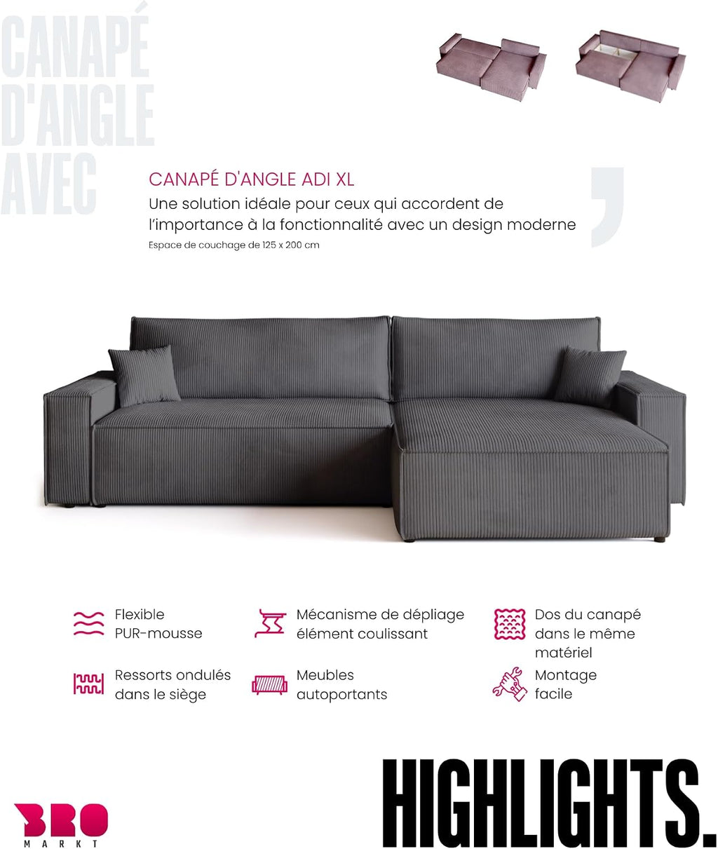 Canapé d'angle convertible BROMARKT ADI XL – 3 places – Velours côtelé vanille – Coffre de rangement