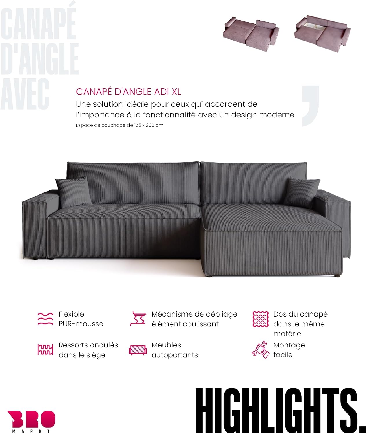 Canapé d'angle convertible BROMARKT ADI XL – 3 places – Velours côtelé vanille – Coffre de rangement
