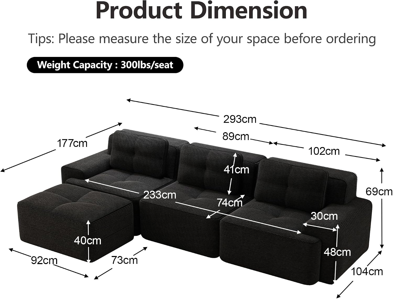 Canapé Modulable Cloud en Velours Côtelé – Assise Profonde, Convertible, Sans Montage