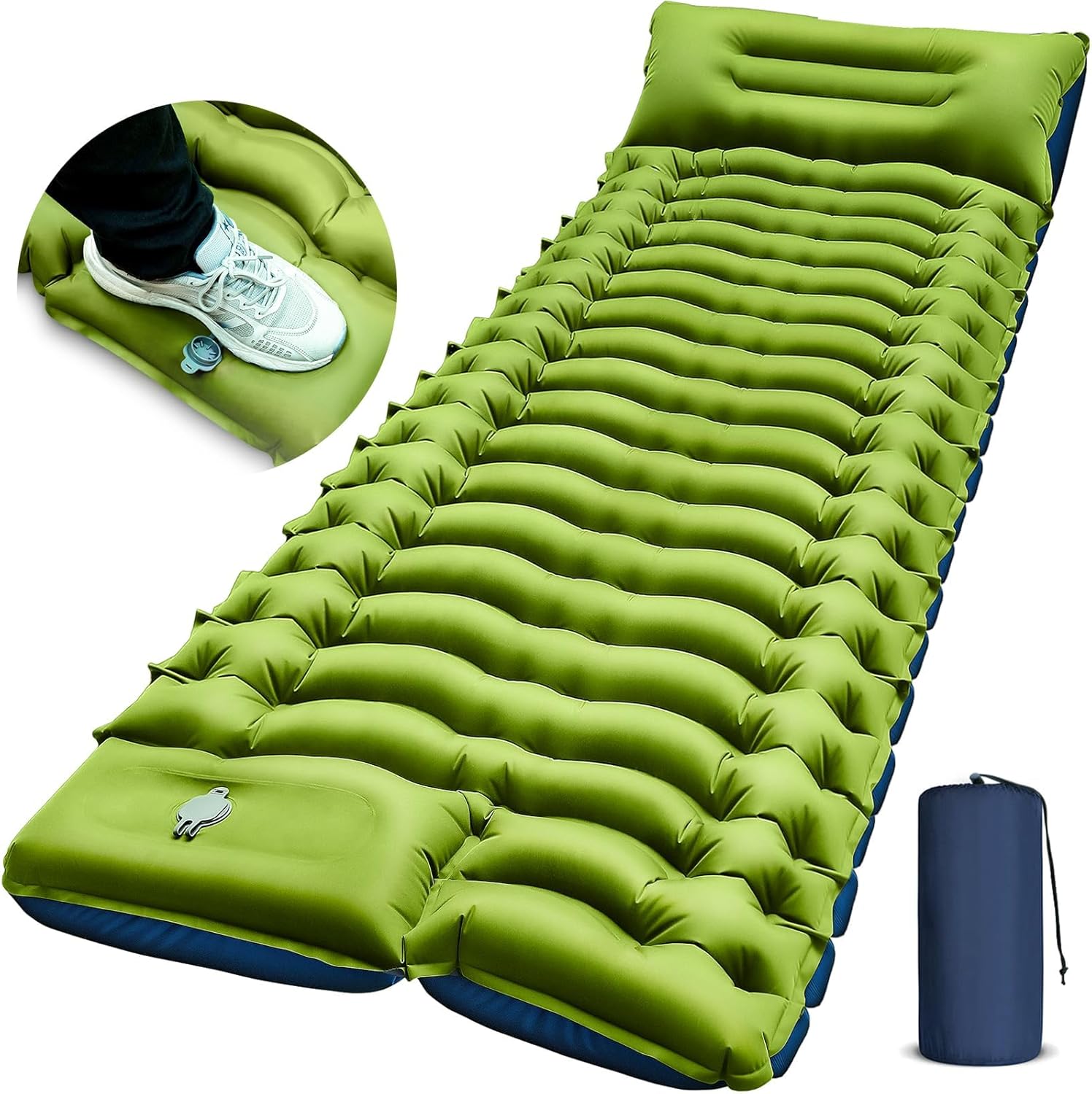 FUN PAC Ultralichte campingmatras met kussen, geïntegreerde voetpomp, compacte opblaasbare slaapmat voor kamperen, wandelen, reizen, tent, blauw en groen, 27 x 7,6 x 9,9 cm