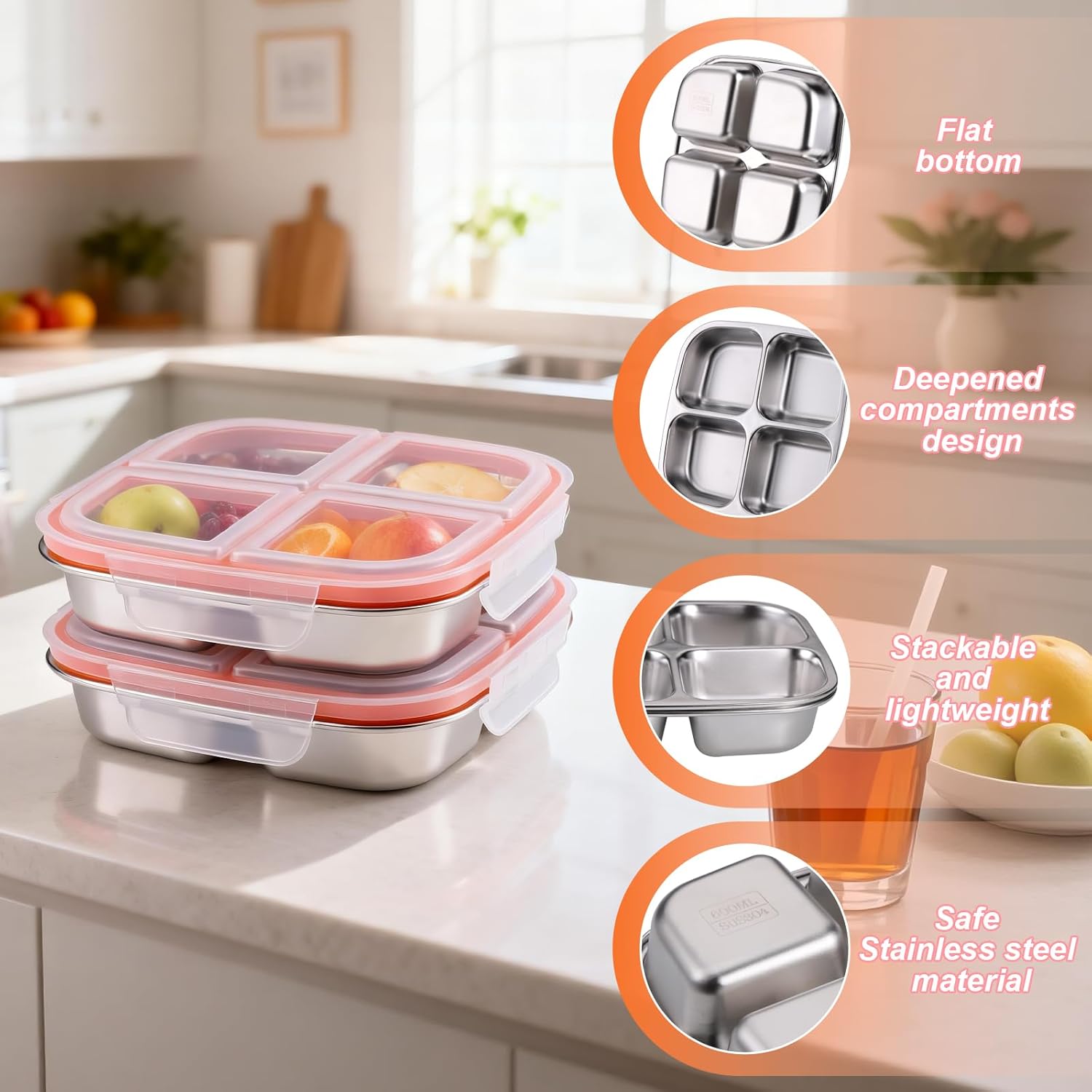 Snack Boxes with 4 Compartments, Reusable Stainless Steel Lunch Boxes for Kids and Adults, Leakproof Bento Boxes with Lids for Home Work (2 Pack)