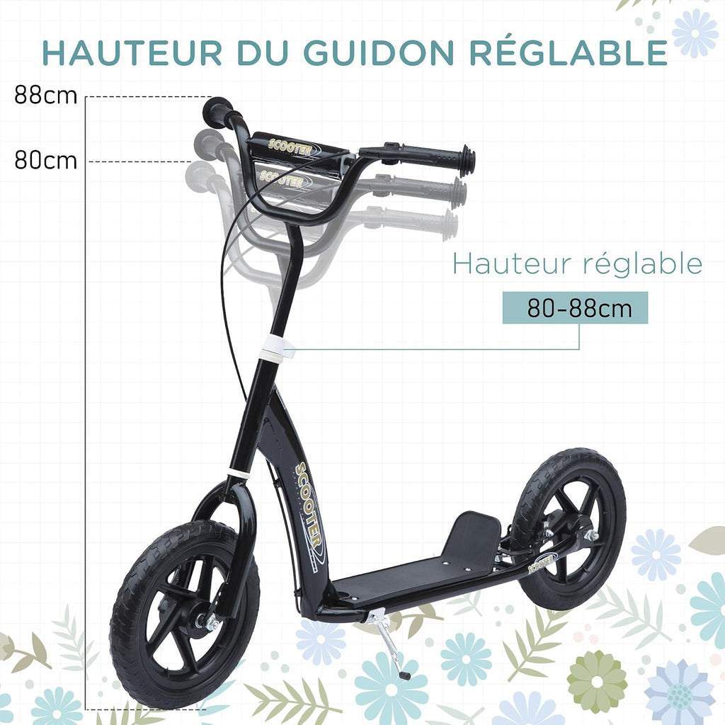 HOMCOM Scooter met banden, 30 cm, hoogte verstelbaar stuur, handgreep rem en standaard