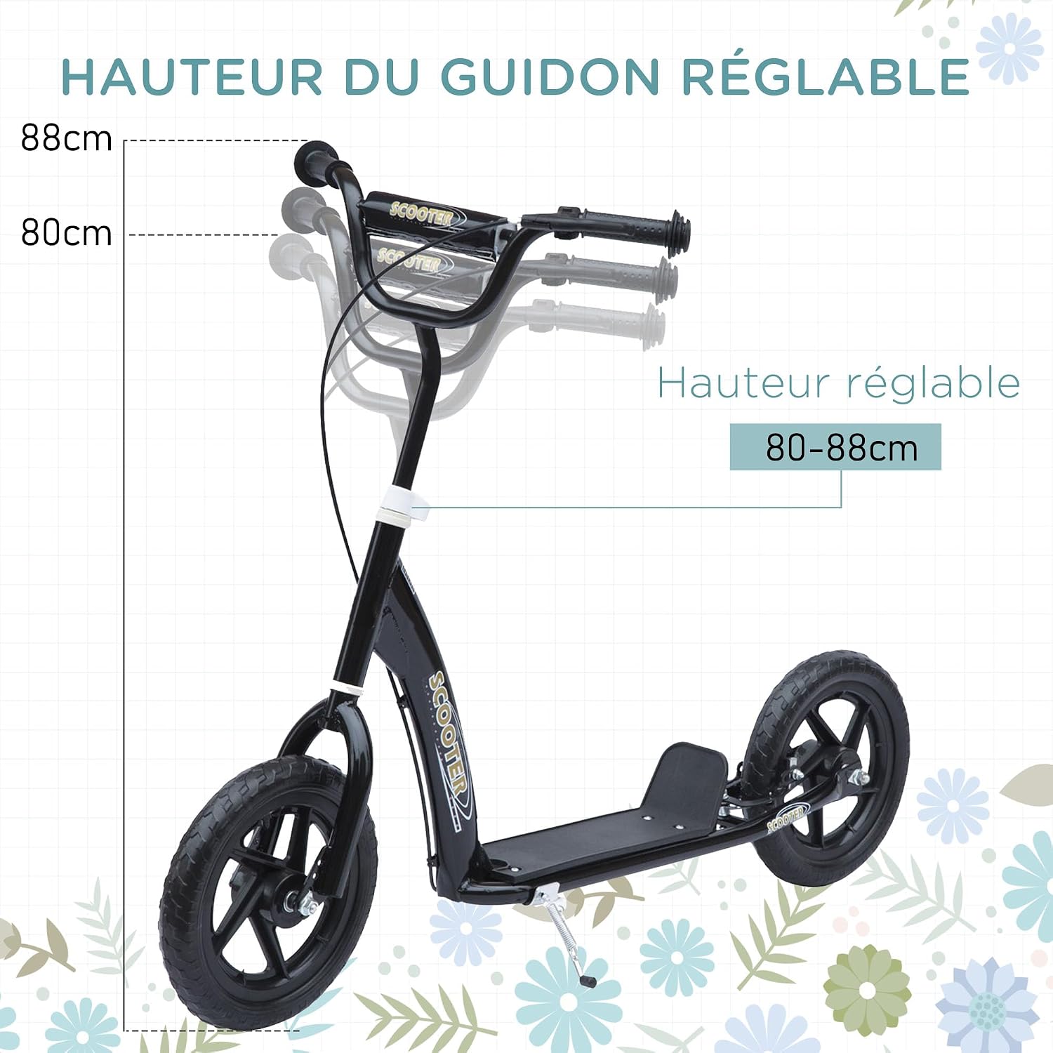 HOMCOM Scooter met banden, 30 cm, hoogte verstelbaar stuur, handgreep rem en standaard