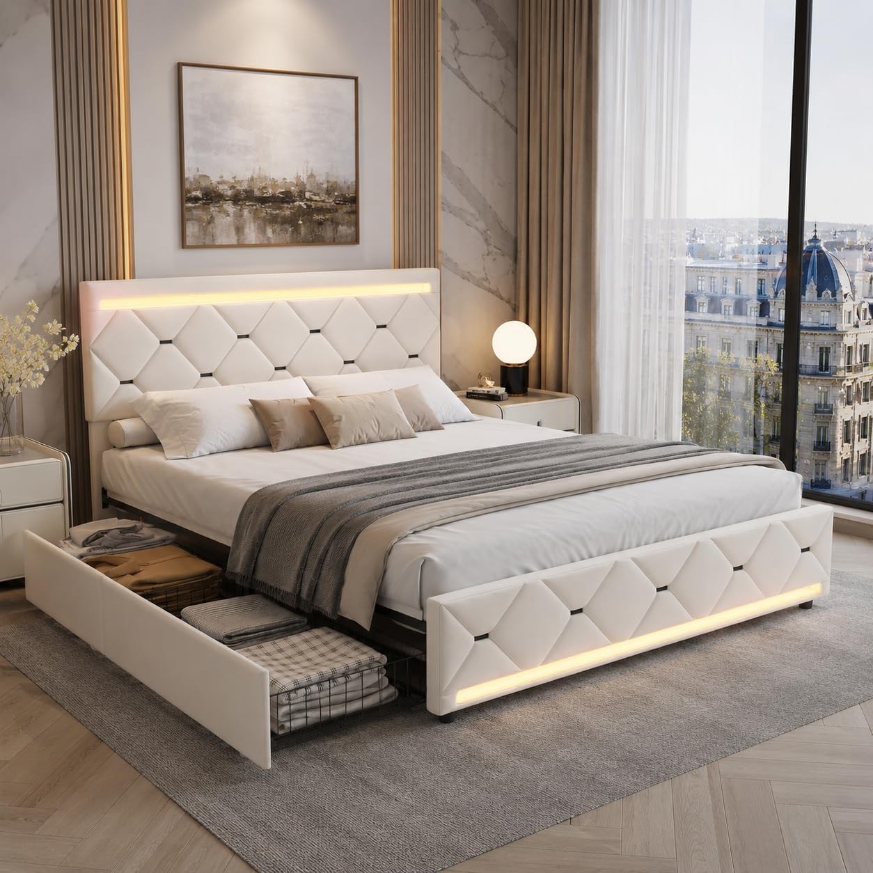 Lit Double 140x200 cm – 4 Tiroirs de Rangement, Éclairage LED +6000 Couleurs & Tête de Lit Réglable en PU