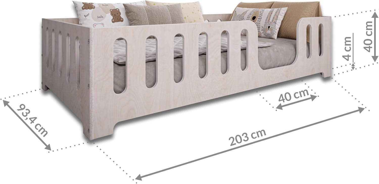 Lit Montessori Enfant 90 x 200 cm – Bois de Hêtre Naturel – Barrière de Sécurité & Sommier à Lattes