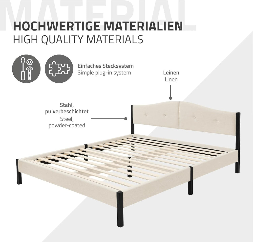 Lit Rembourré ML-Design | Cadre en Acier, Sommier à Lattes, Tête de Lit | Tissu Lin Beige ou Gris | 90/140/160/180 x 200 cm