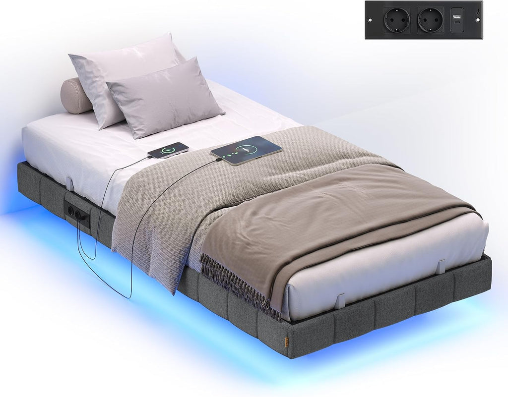 Cadre de Lit 90 x 200 cm avec Lumières LED & Prise Intégrée – Effet Flottant – Gris Ardoise – Charge 250 kg