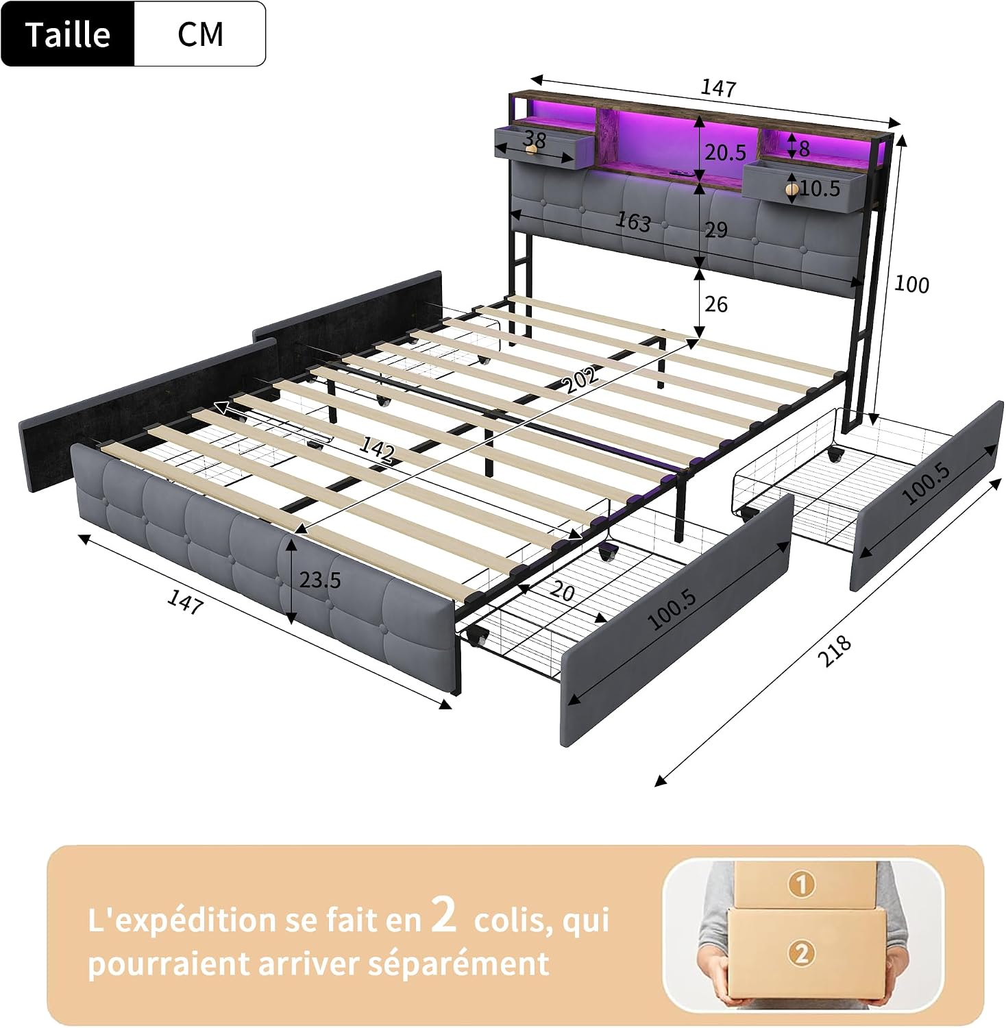Lit Double 140x200 cm – 4 Tiroirs de Rangement, Éclairage LED +6000 Couleurs & Tête de Lit Réglable en PU