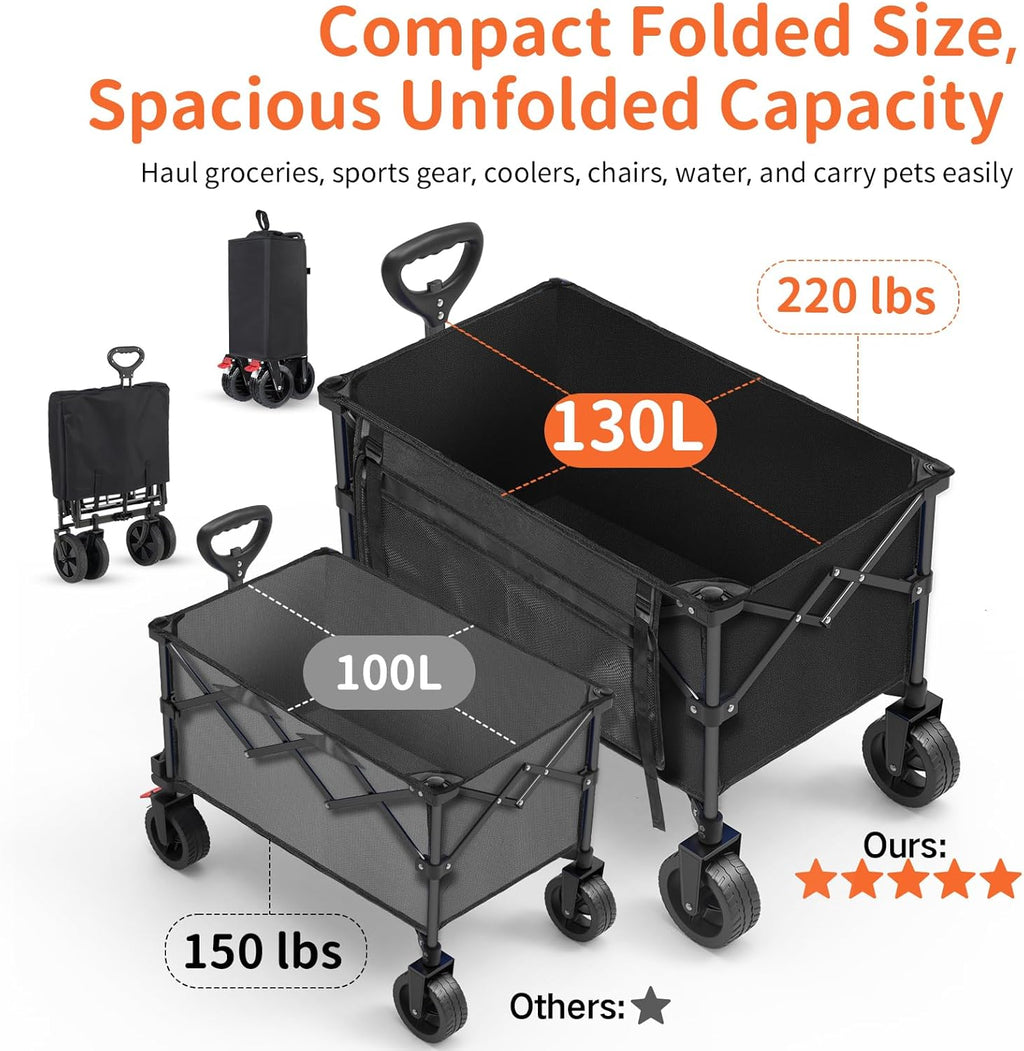 BELEEV Opvouwbare trolley met remmen, strandwagen 6 inch wielen voor alle terreinen, verstelbare handgreep, grote capaciteit van 130 l, 100 kg, voor buiten, camping, festival, BBQ, picknick, camping, zwart