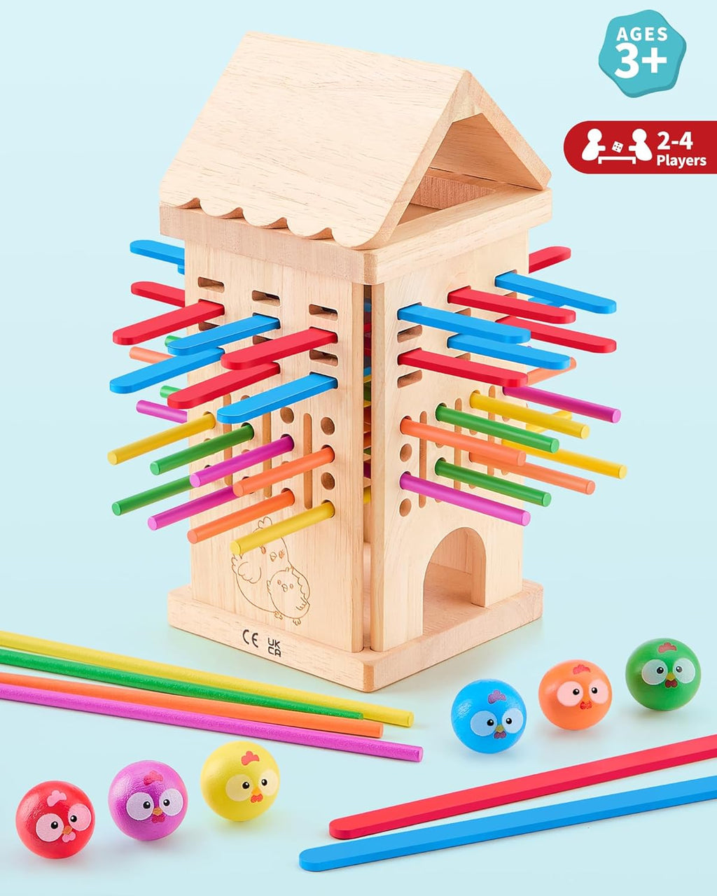 Wooden Board Game for Children 3-6 Years - Chicken Coop Game with Dice, Sticks and Chick Ball - Family Game Balance and Concentration - Boy Girl Birthday Gift