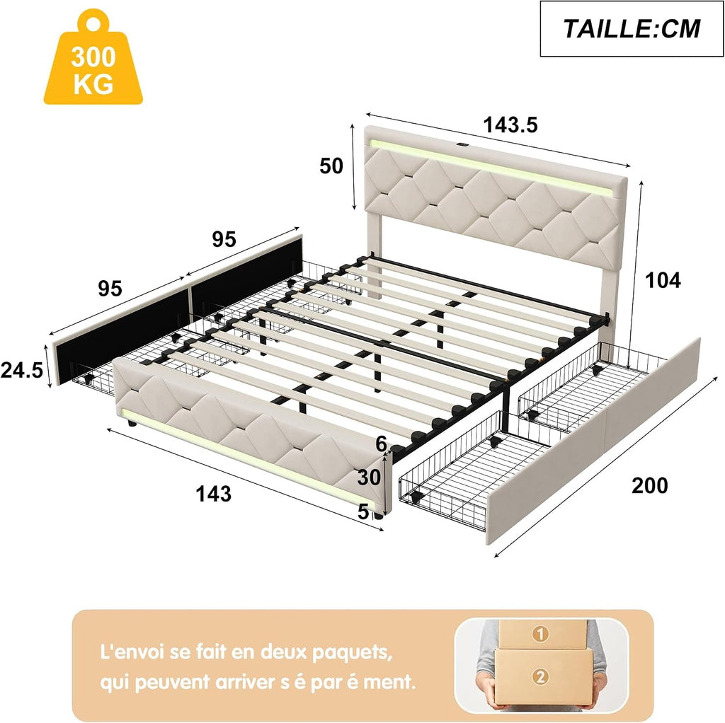 Lit Double 140x200 cm – 4 Tiroirs de Rangement, Éclairage LED +6000 Couleurs & Tête de Lit Réglable en PU