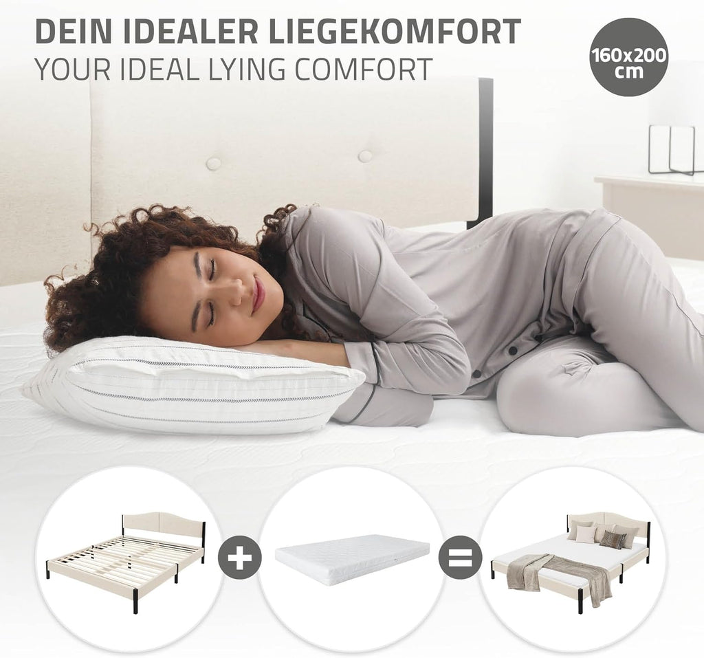 Lit Rembourré ML-Design | Cadre en Acier, Sommier à Lattes, Tête de Lit | Tissu Lin Beige ou Gris | 90/140/160/180 x 200 cm