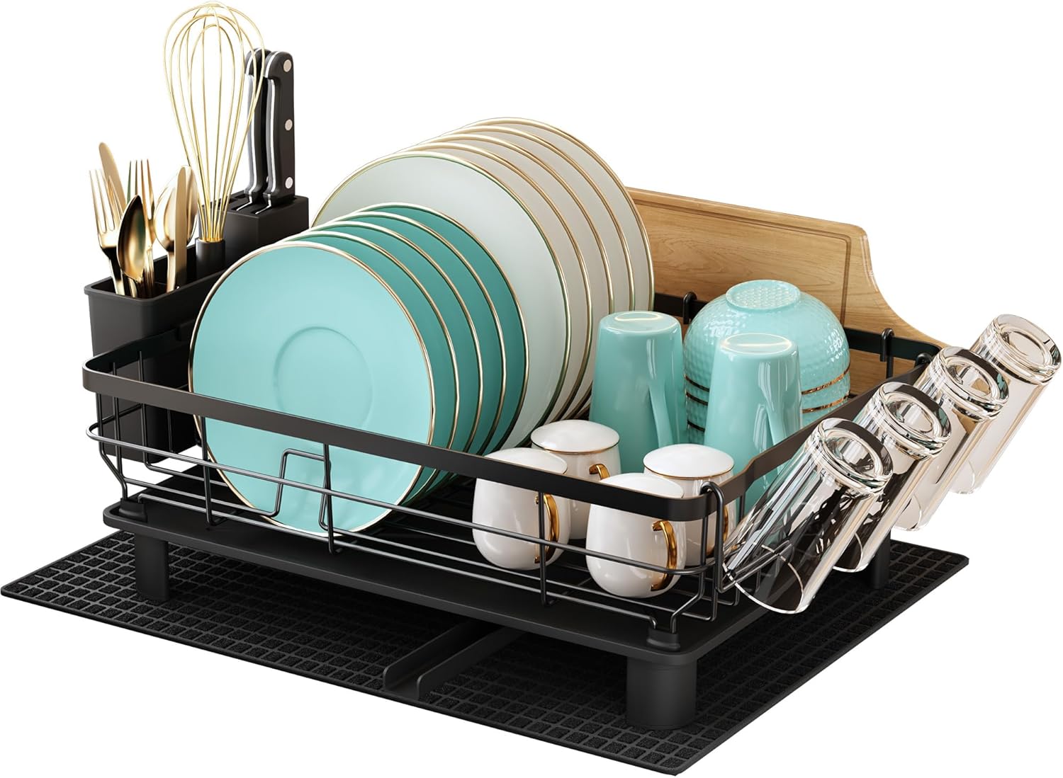 Égouttoir à Vaisselle 2 Niveaux MAJALiS Noir – Inox, Drainage Auto 360°, Tapis Inclus, 43 x 33 cm
