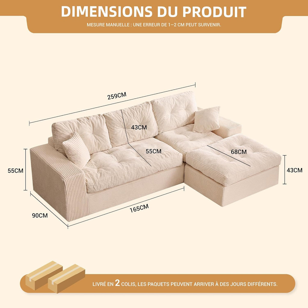 Canapé d'angle modulable Litbird – 3 places + pouf – Velours côtelé beige – Sans montage
