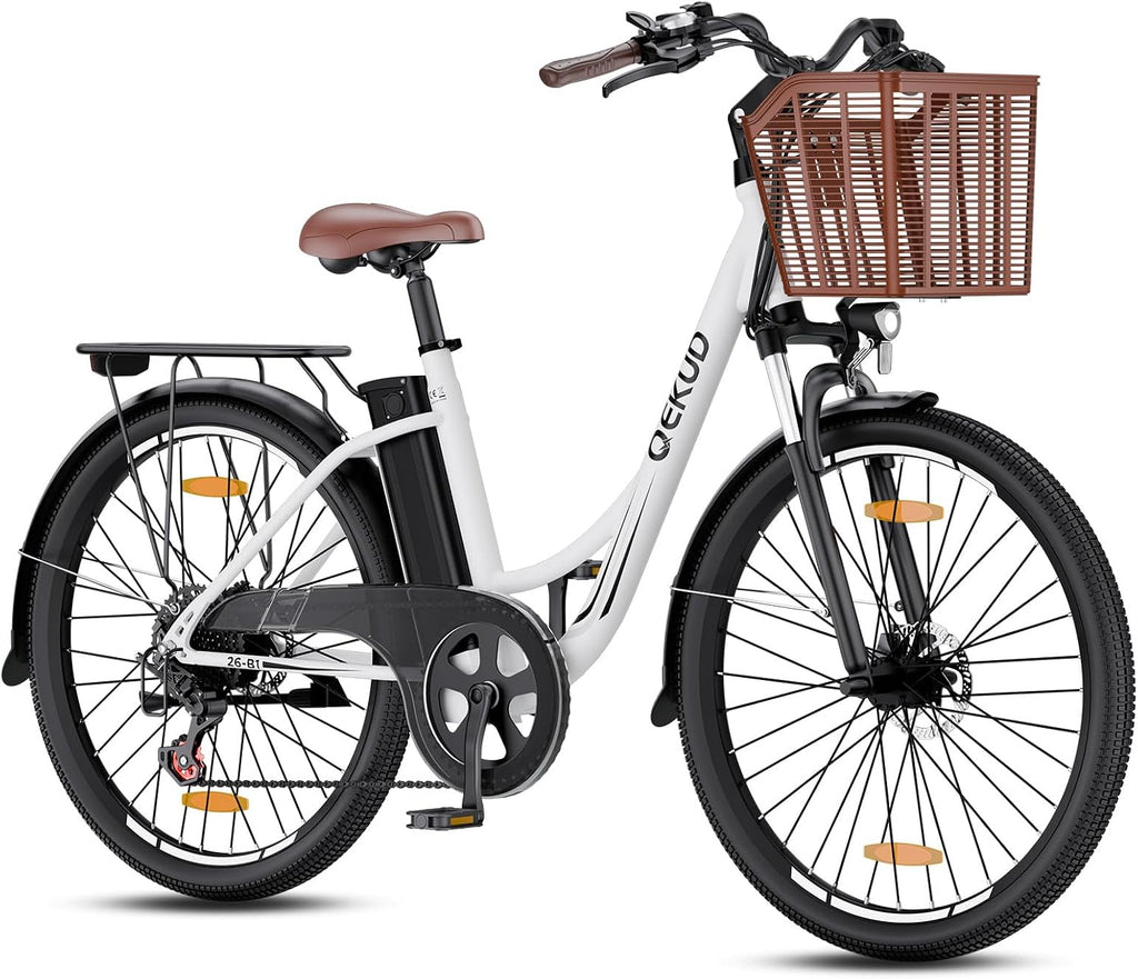 E-bike voor dames en heren, 26 inch, met mand, stadsfiets, trekkingfiets met 36 V 13 Ah accu, wit