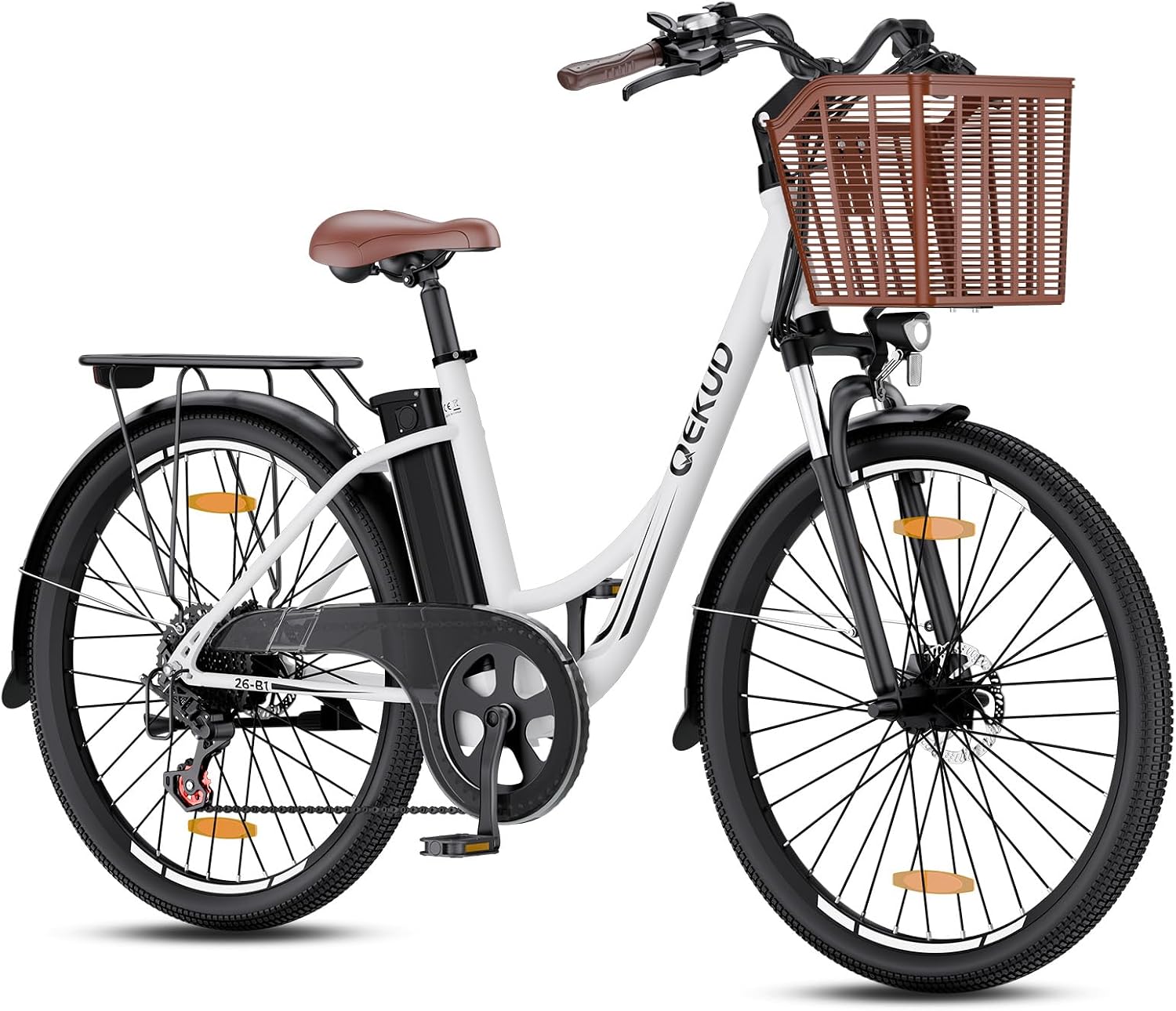 E-bike voor dames en heren, 26 inch, met mand, stadsfiets, trekkingfiets met 36 V 13 Ah accu, wit