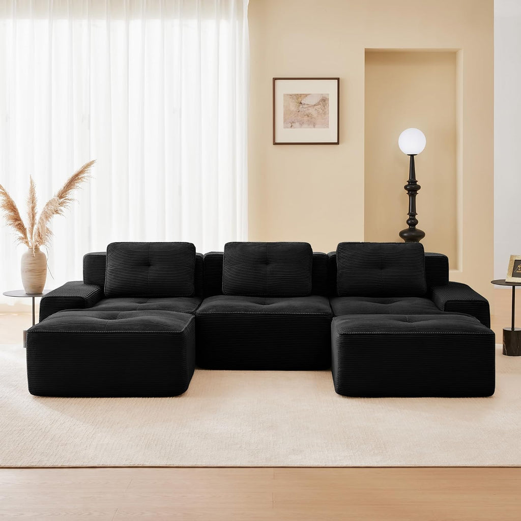 Canapé modulable en L Bladez – 3+1 places – Tissu côtelé kaki clair – Assise profonde