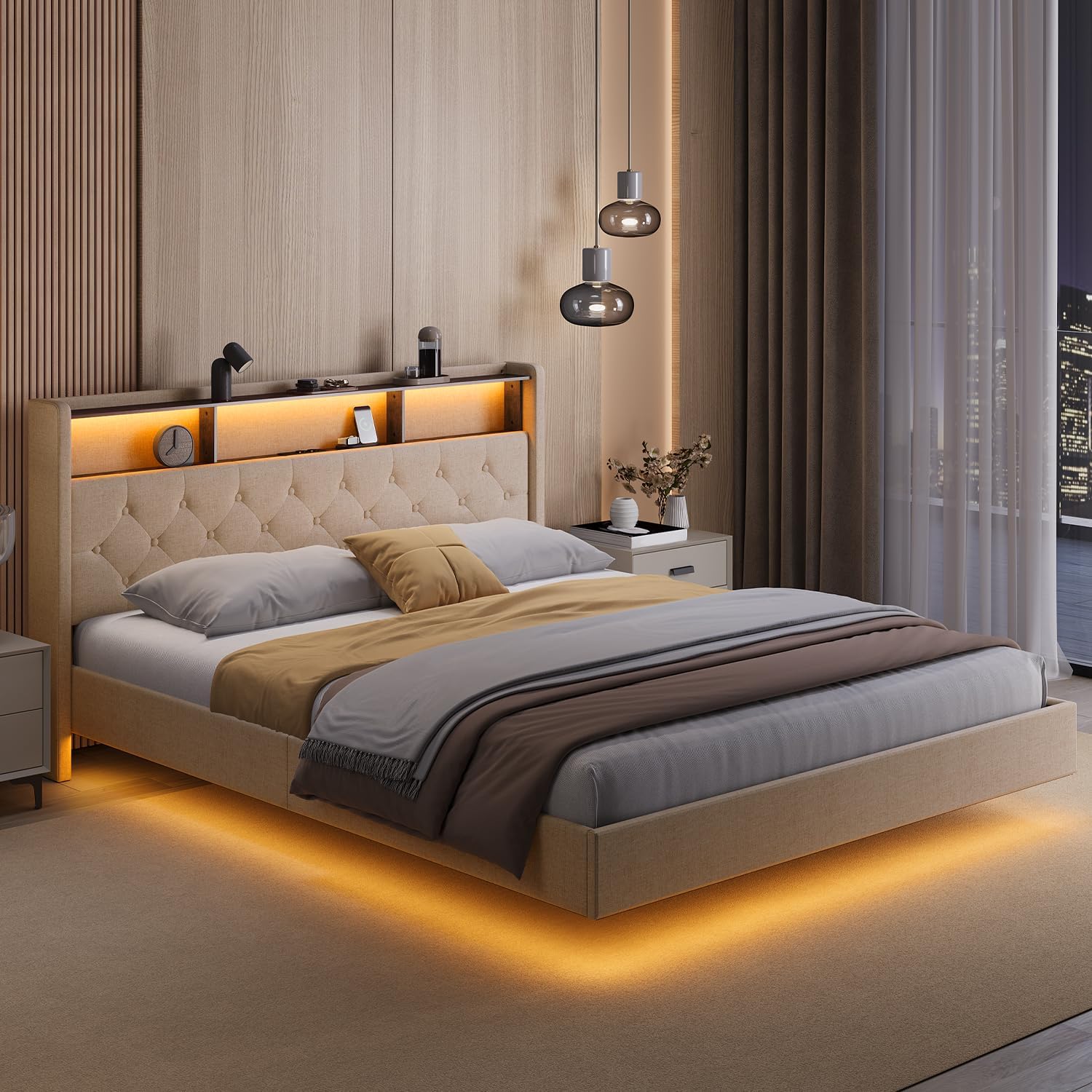 Lit Double 160 x 200 cm avec Éclairage LED & Prise Intégrée – Tête de Lit Capitonnée avec Rangement – Effet Flottant – Beige
