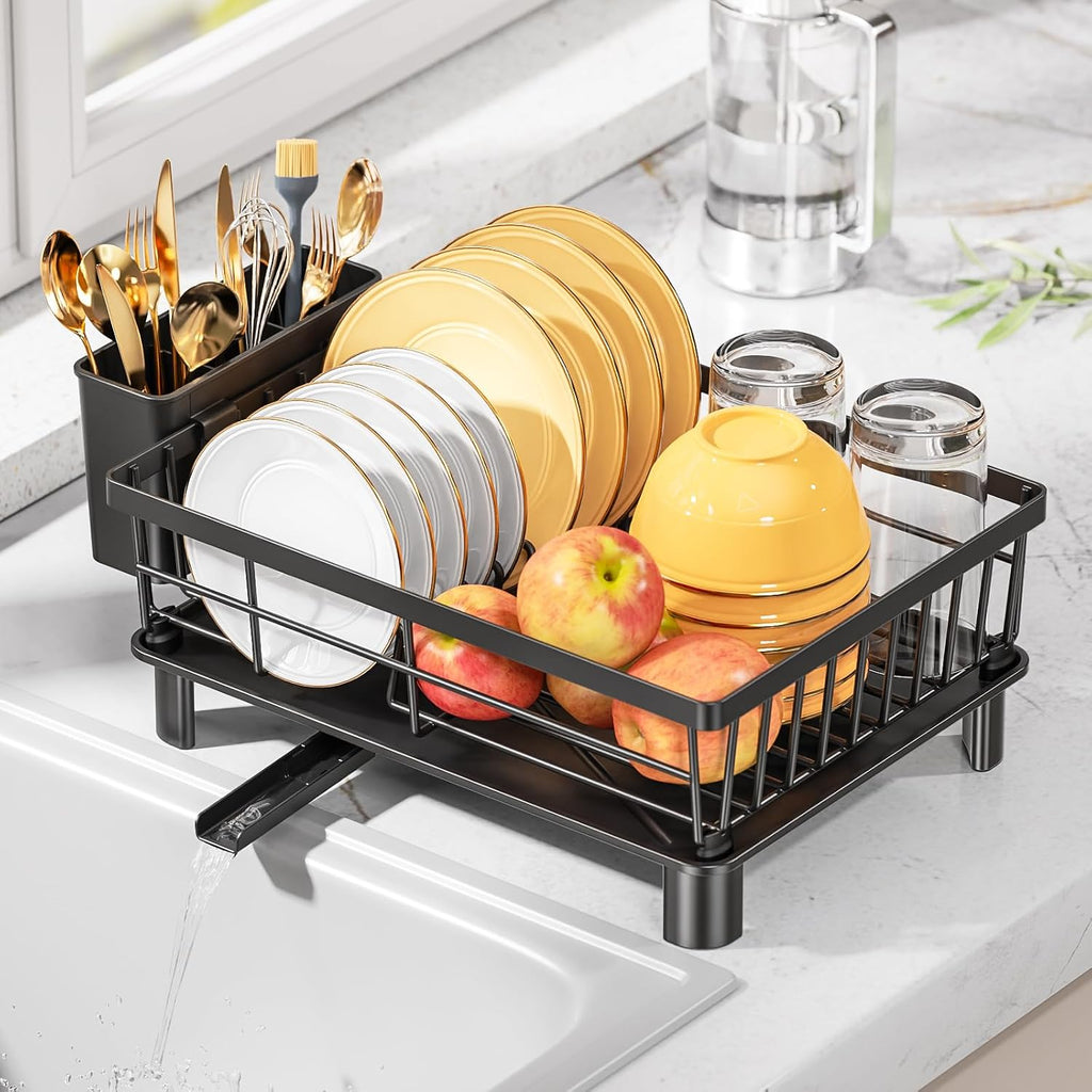Égouttoir à Vaisselle Inox LIONONLY – Drainage Auto 360°, Porte-Ustensiles, 38 x 29 cm, Noir