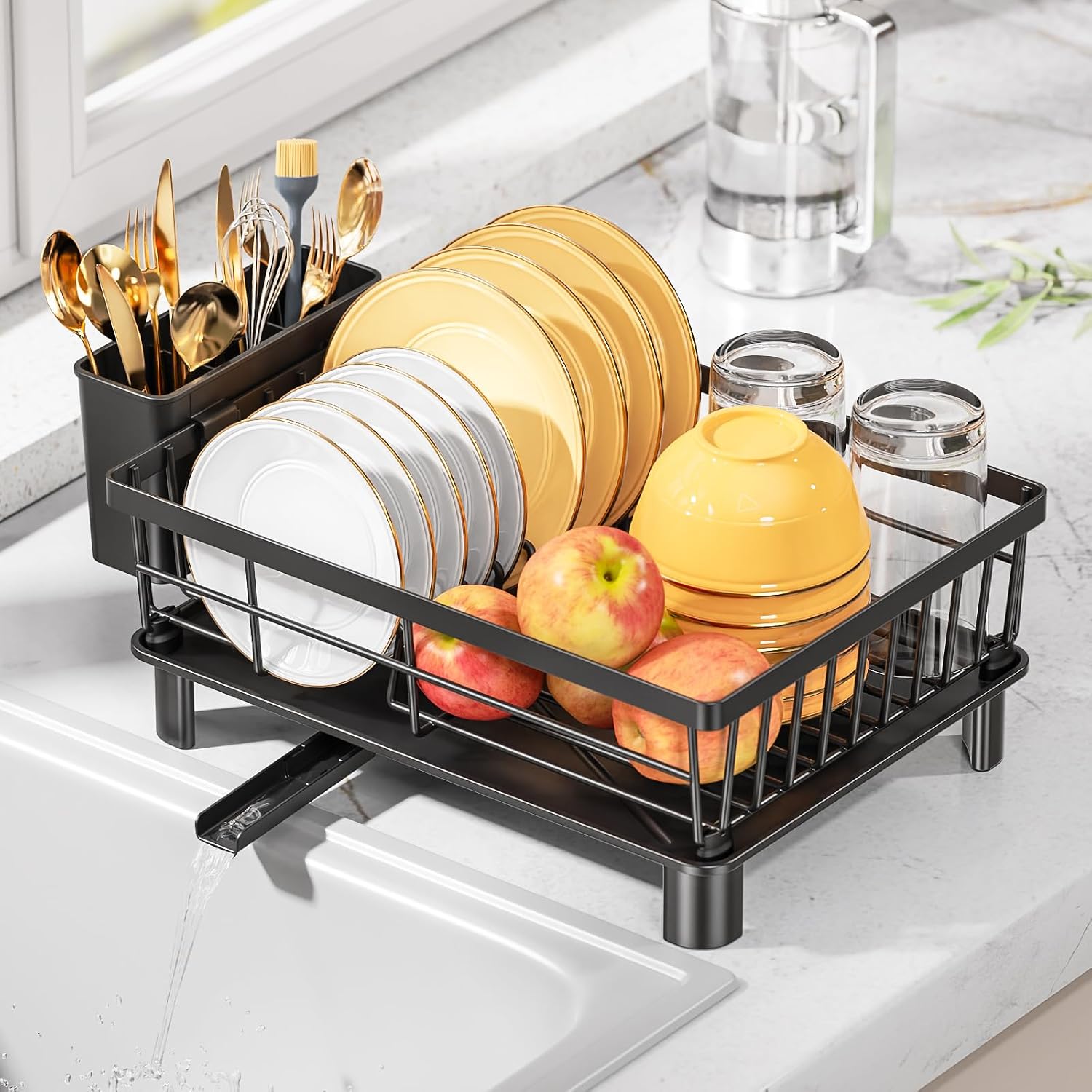 Égouttoir à Vaisselle Inox LIONONLY – Drainage Auto 360°, Porte-Ustensiles, 38 x 29 cm, Noir