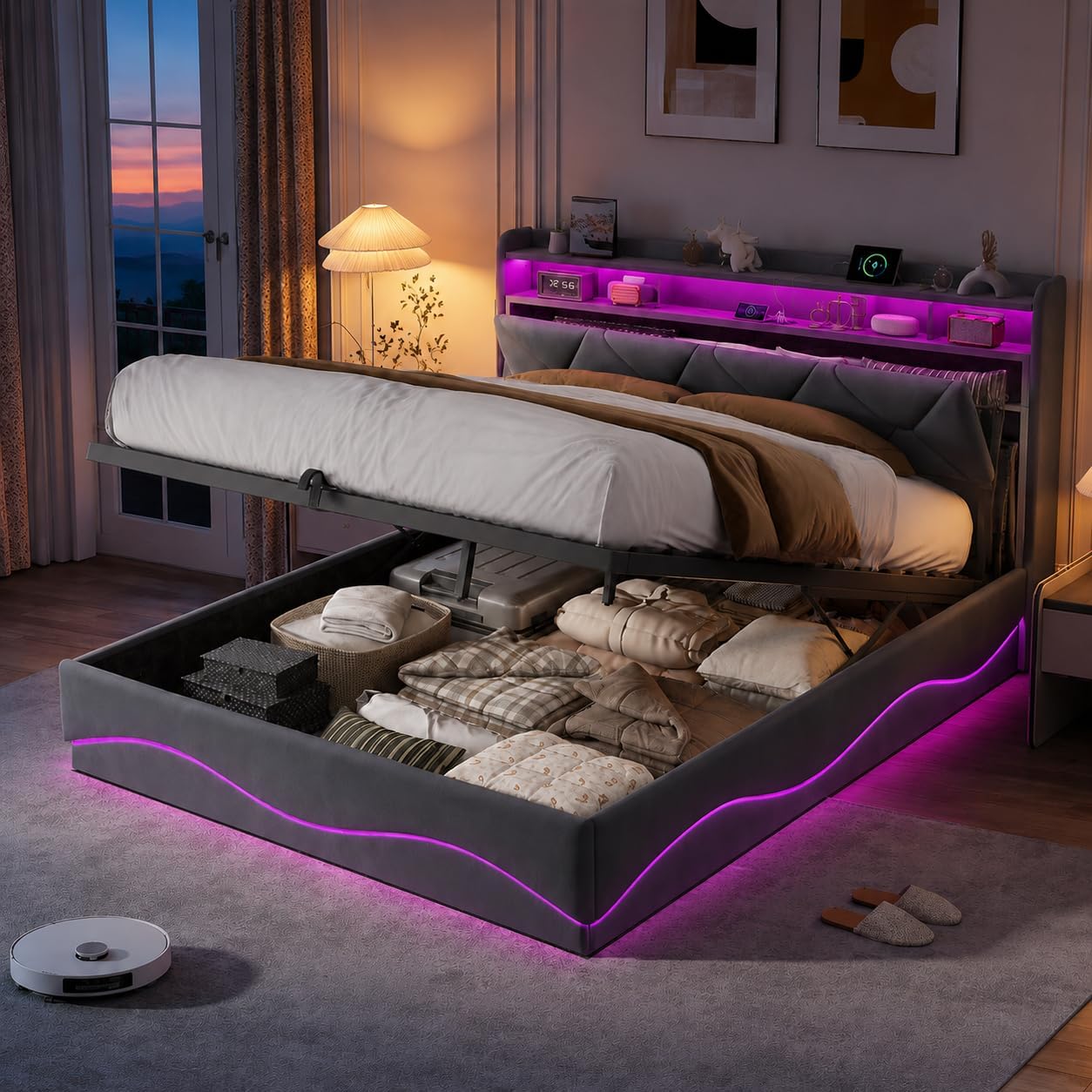 Lit Coffre LED RGB & Port USB | Rangement Hydraulique | Tête de Lit Rembourrée avec Étagères | 90 à 160 x 200 cm
