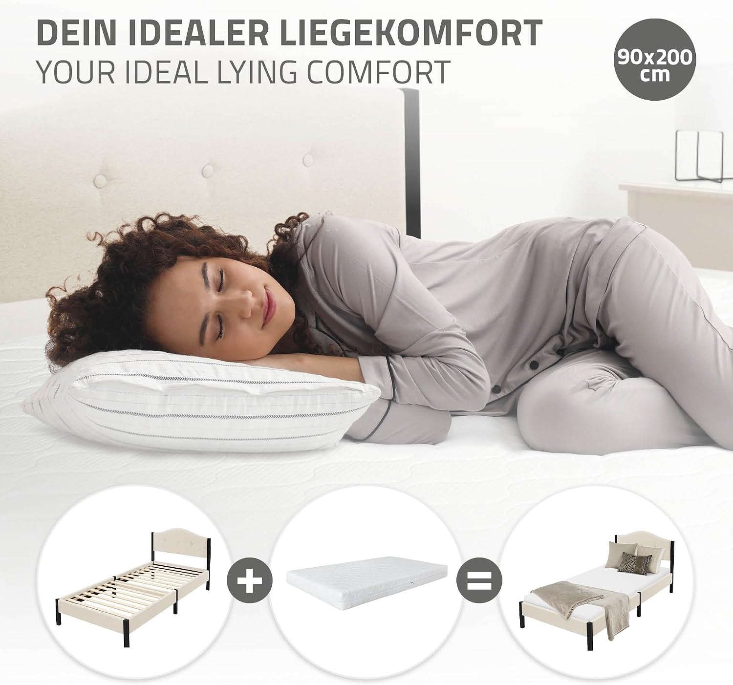 Lit Rembourré ML-Design | Cadre en Acier, Sommier à Lattes, Tête de Lit | Tissu Lin Beige ou Gris | 90/140/160/180 x 200 cm