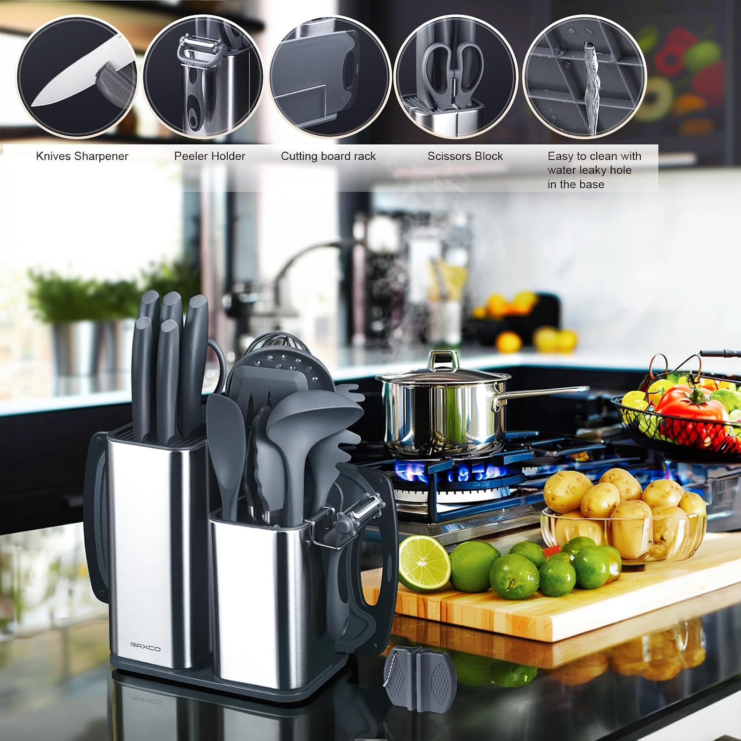 Set de Cuisine RAXCO 18 Pièces — 5 Couteaux Inox + 7 Spatules Silicone + Bloc