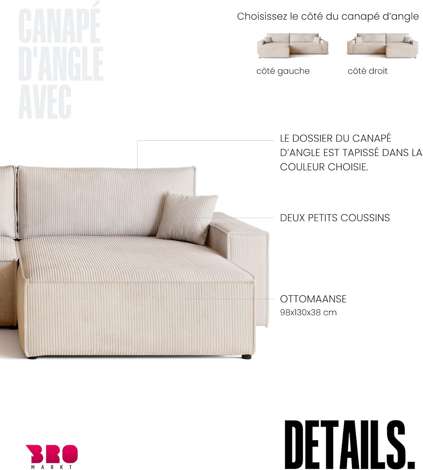 Canapé d'angle convertible BROMARKT ADI XL – 3 places – Velours côtelé vanille – Coffre de rangement