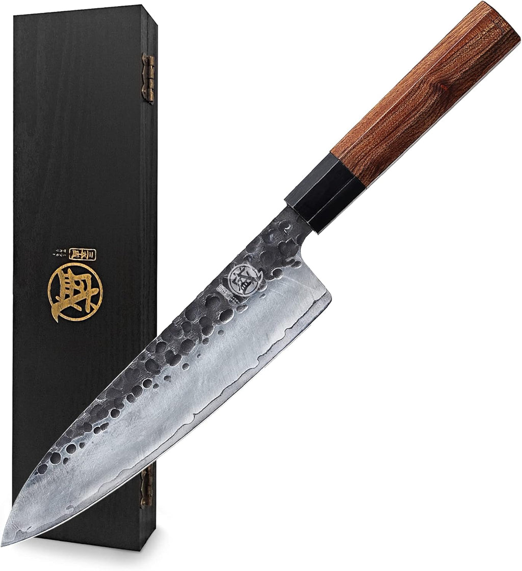 Couteau Gyuto Japonais MITSUMOTO SAKARI 22 cm – Forgé Main, Acier Haute Carbone, Bois de Rose