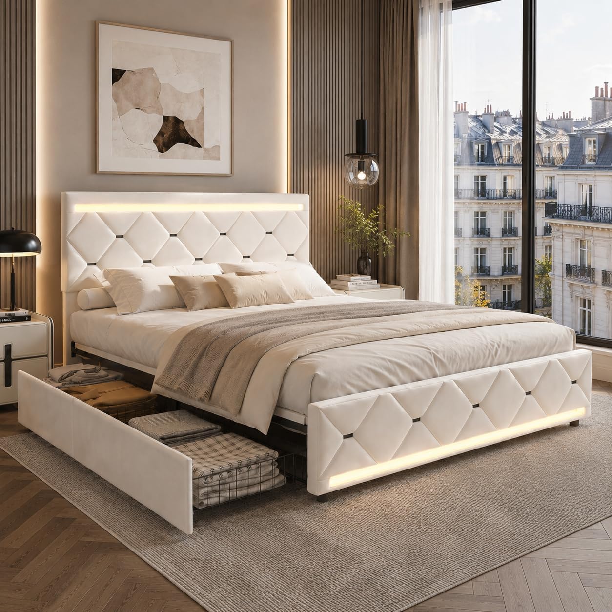 Lit Double 140x200 cm – 4 Tiroirs de Rangement, Éclairage LED +6000 Couleurs & Tête de Lit Réglable en PU