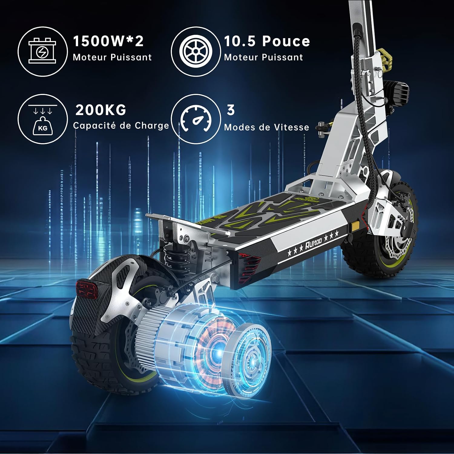 Elektrische step, RT6/T2 Max/ M5 Pro/T2 Master/T3 Max, motor 800 W/1000 W/1200 W/2400 W/3000 W, bereik 55/65/75/85 km, all-terrain banden, 3 snelheidsmodi, intelligent display