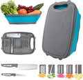 HI NINGER 9-in-1 multifunctionele snijplank, keuken met 5 groentesnijders en 2 messen, draagbare kunststof opvouwbare afvoermand voor camping, barbecue, outdoor