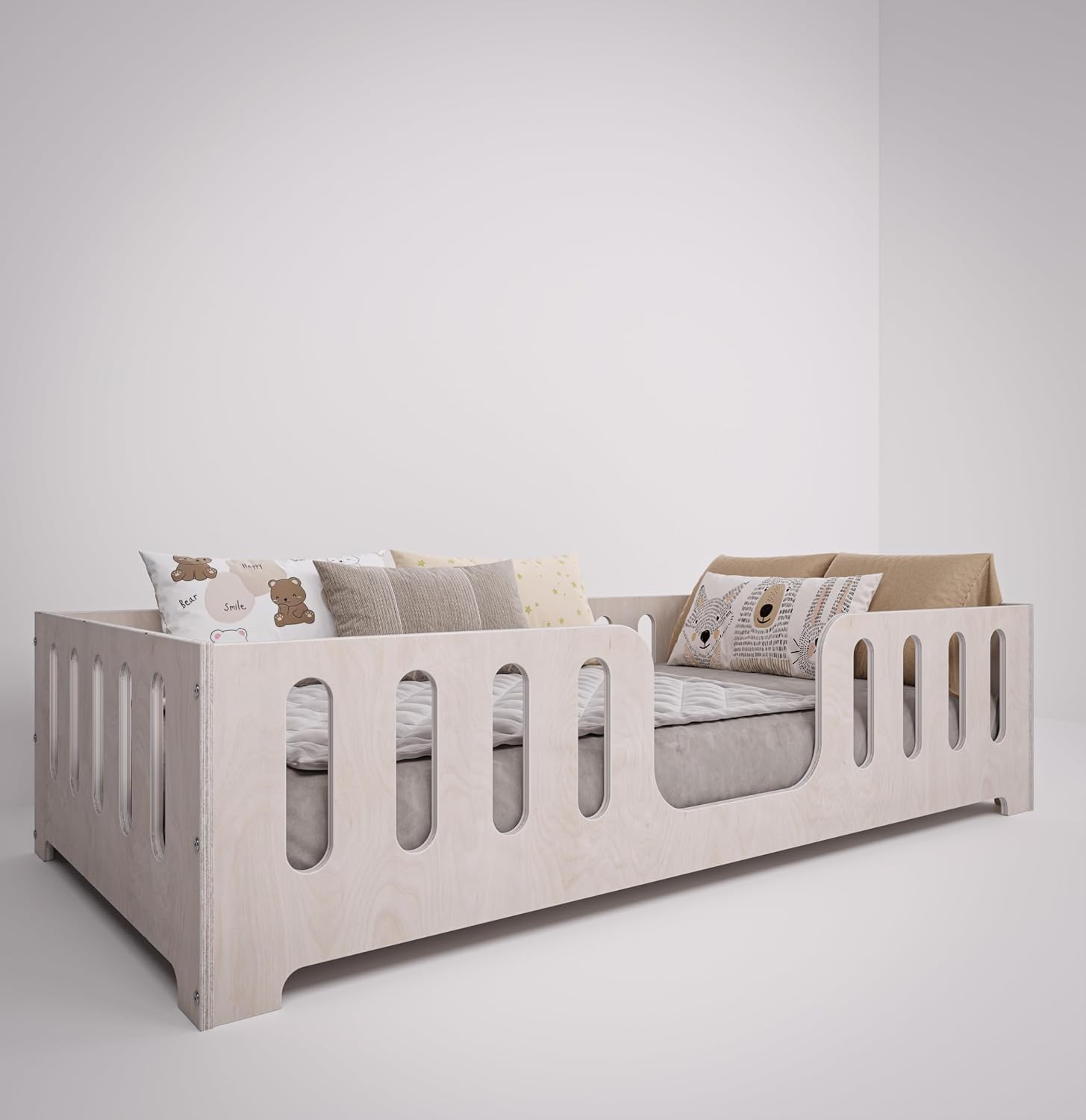 Lit Montessori Enfant 90 x 200 cm – Bois de Hêtre Naturel – Barrière de Sécurité & Sommier à Lattes