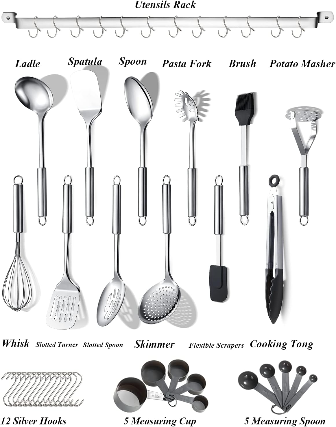 Set 38 Pièces Ustensiles de Cuisine Berglander – Inox, Support & Crochets Inclus, Lave-Vaisselle