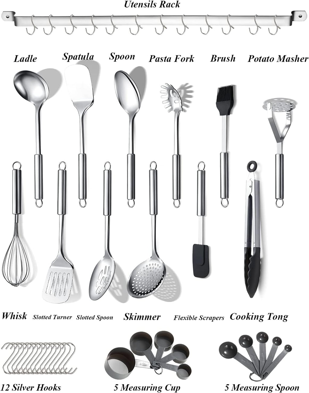 Set 38 Pièces Ustensiles de Cuisine Berglander – Inox, Support & Crochets Inclus, Lave-Vaisselle