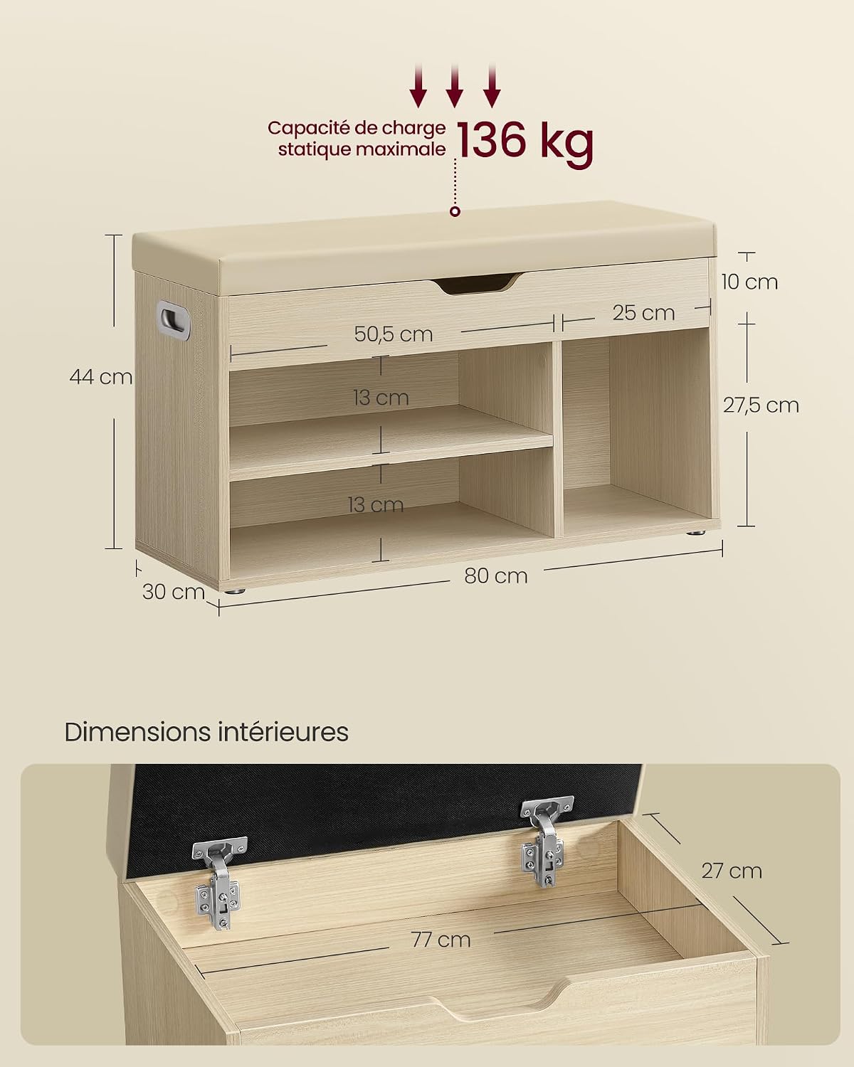 Banc à Chaussures Rembourré VASAGLE – Rangement 3 Compartiments, Style Vintage, 80 cm