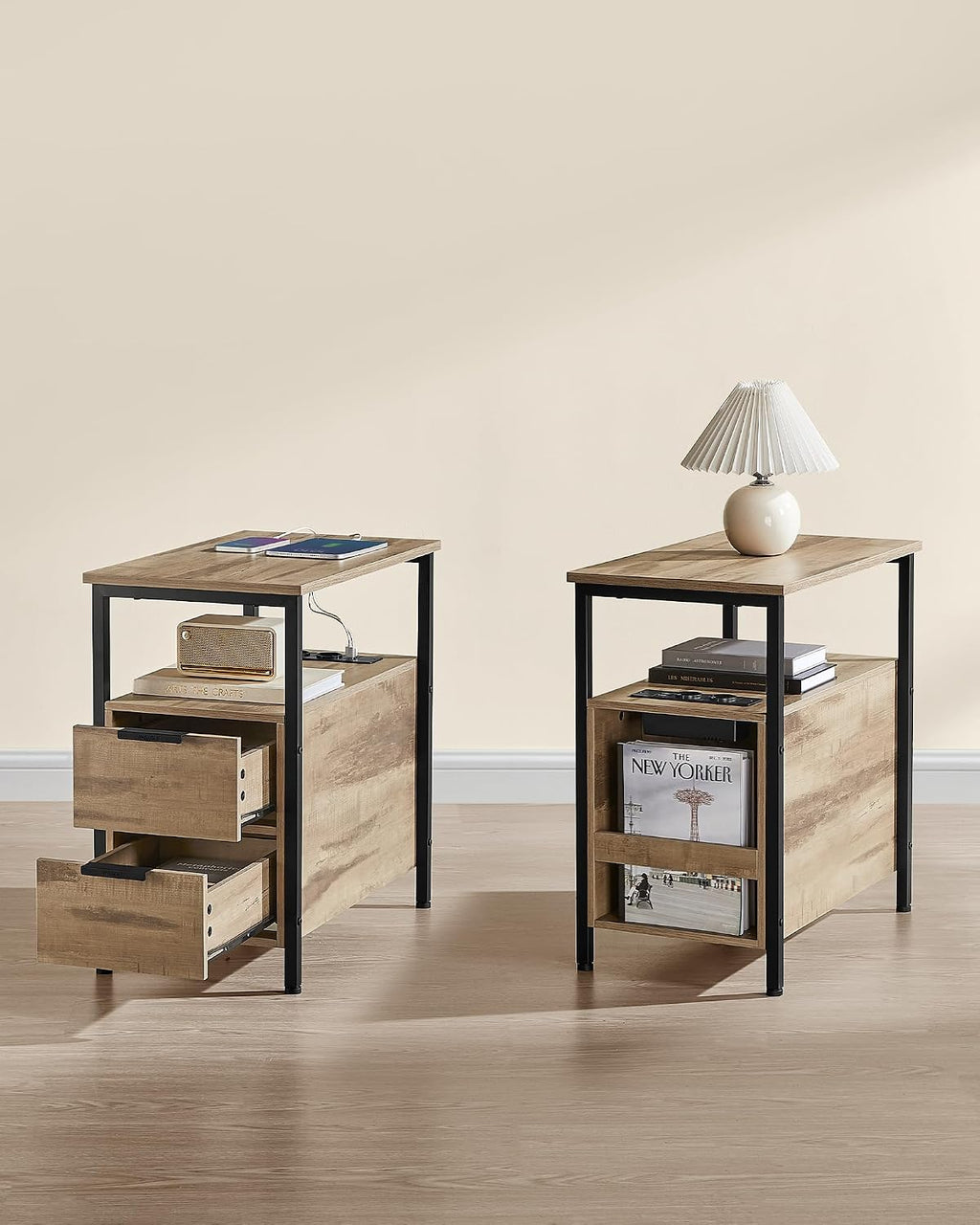 Table de Chevet VASAGLE avec Multiprise – 2 Tiroirs, USB, Style Vintage, 35 x 61 cm