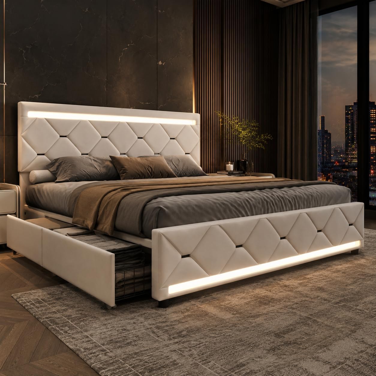 Lit Double 140x200 cm – 4 Tiroirs de Rangement, Éclairage LED +6000 Couleurs & Tête de Lit Réglable en PU