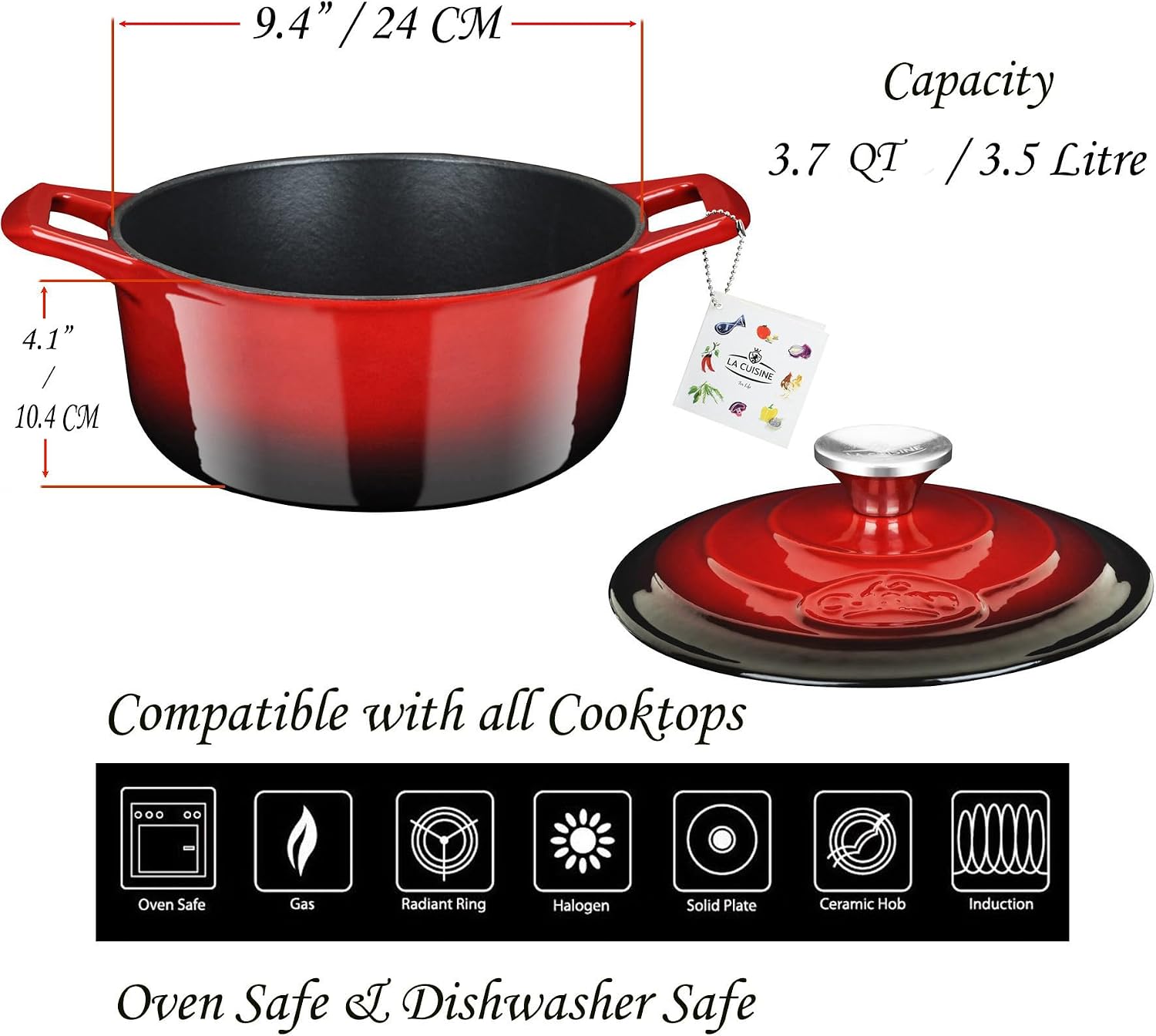 Cocotte Ovale en Fonte Émaillée La Cuisine – 5 L, Canneberge, Bouton Doré, Induction