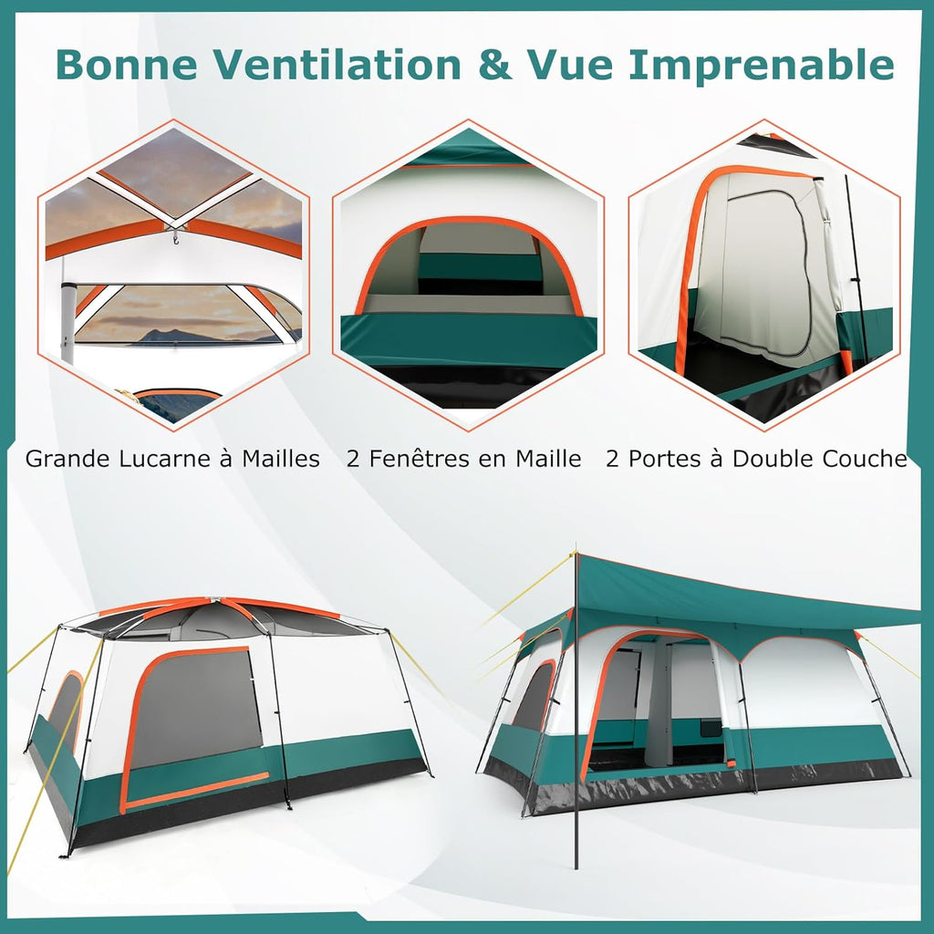 GYMAX Grote campingtent met luifel, 2 aparte slaapkamers, dakraam, afneembaar regenzeil, deuren en ramen, oprolbaar, voor buiten, concerten, picknick