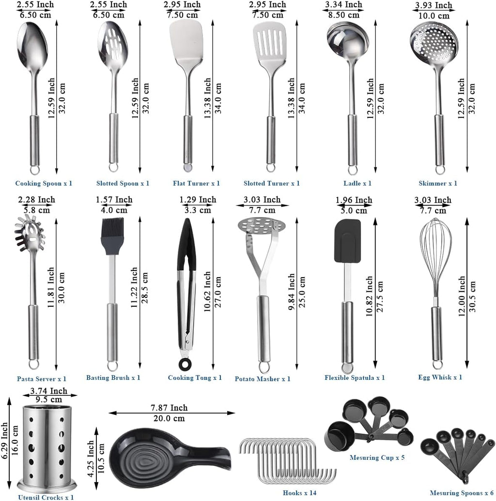 Set d'Ustensiles de Cuisine 39 Pièces ReaNea – Acier Inox, Porte-ustensiles Inclus, Lave-vaisselle
