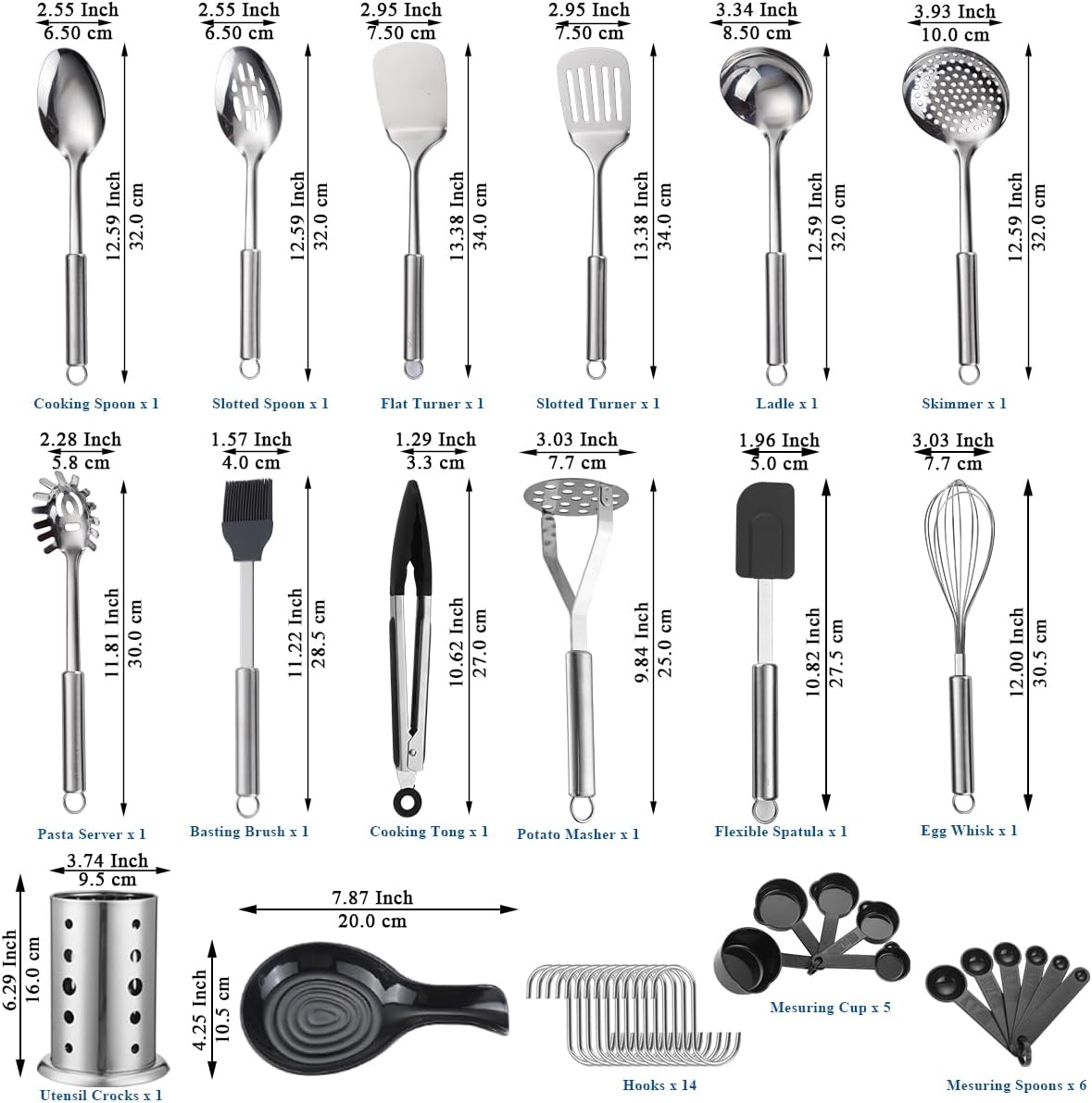 Set d'Ustensiles de Cuisine 39 Pièces ReaNea – Acier Inox, Porte-ustensiles Inclus, Lave-vaisselle